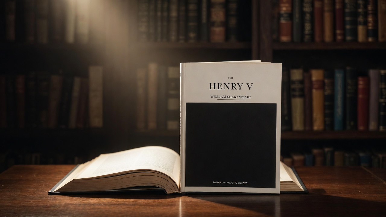 Open Folger Shakespeare Library edition of Henry V on a scholarly desk