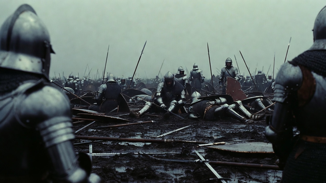 Aftermath of battle showing the human cost of war in Henry V