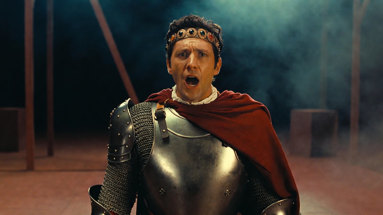 Stage performance of Shakespeare's Henry V with powerful delivery