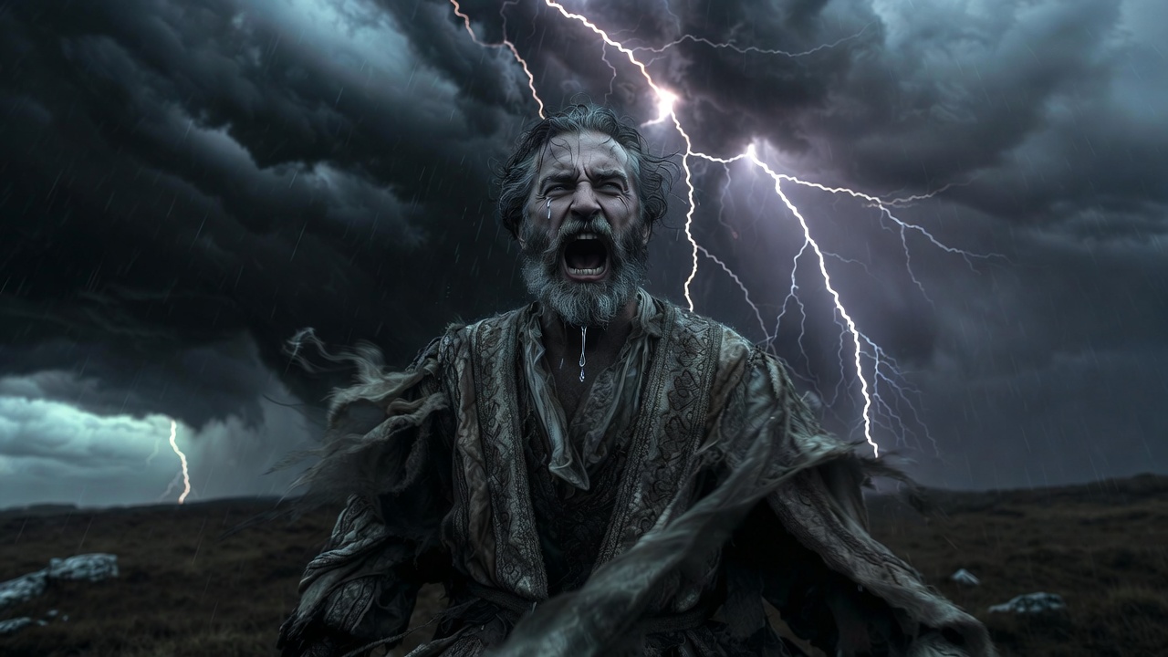 Storm-ravaged heath in King Lear showing antagonistic fury and chaos in Shakespeare's tragedy