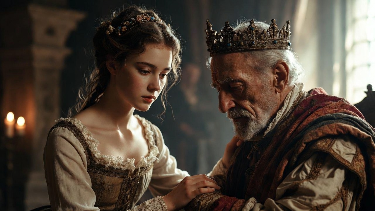 Cordelia showing peaceful loyalty and compassion to King Lear in Shakespeare's tragedy