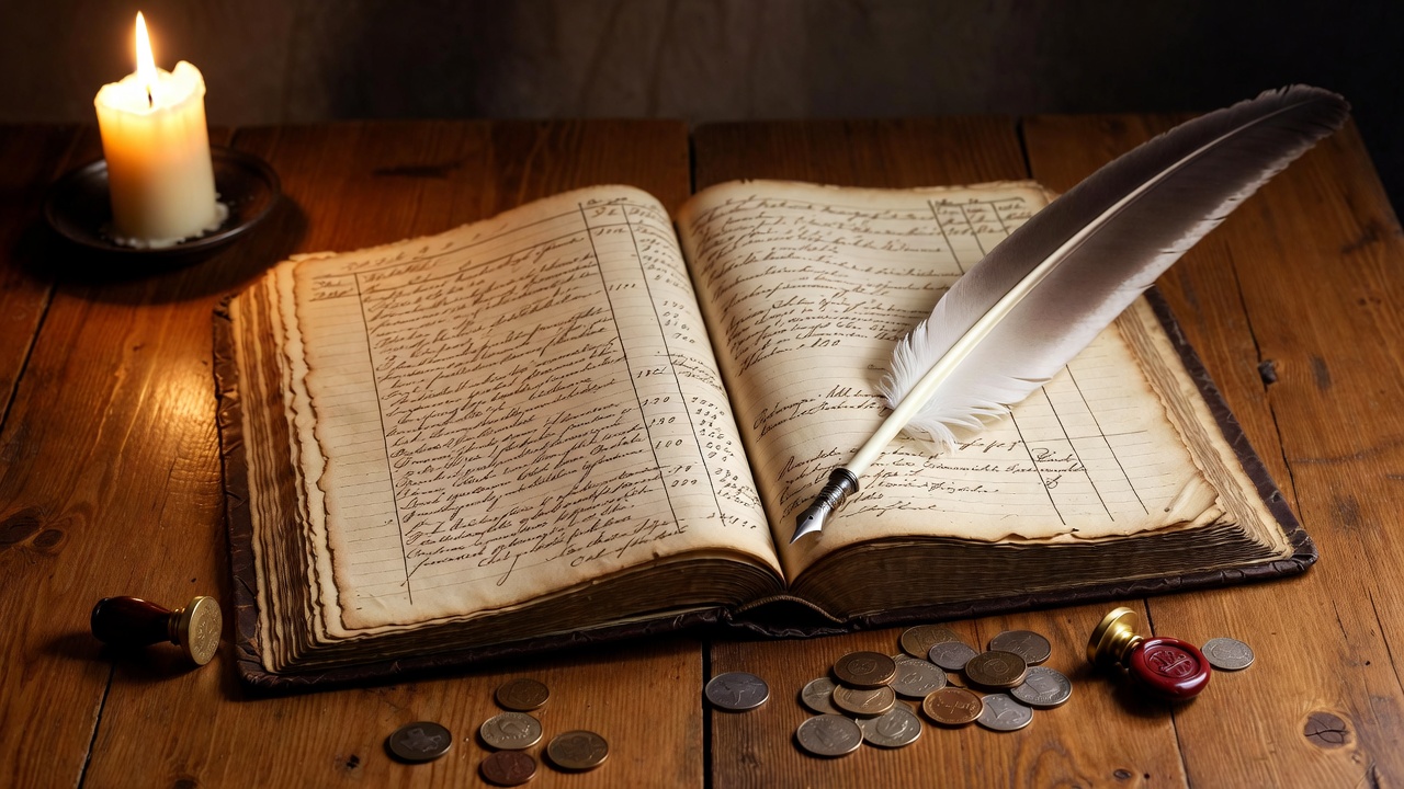 Open Elizabethan ledger book with quill, representing financial audit metaphor in Shakespeare's Sonnet 49