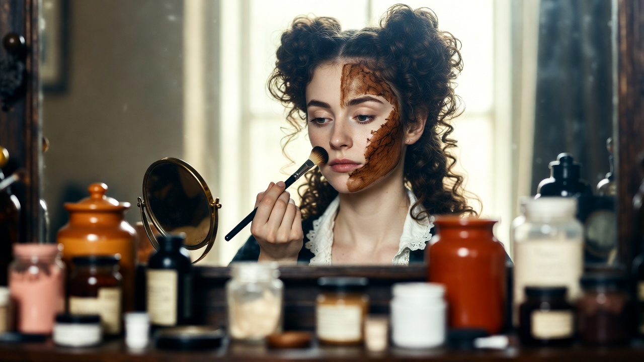 Elizabethan woman applying cosmetics at vanity, depicting false painting and artifice vs natural beauty in Shakespeare's Sonnet 67