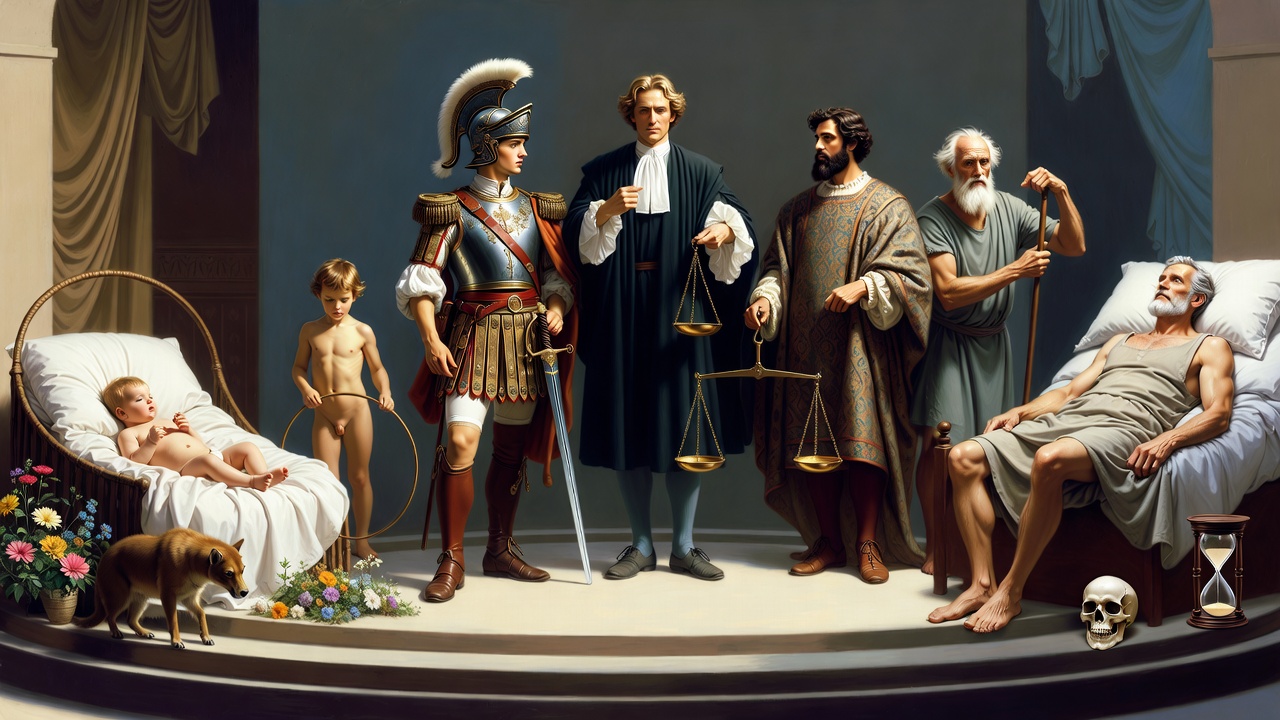 Shakespeare seven ages of man illustration showing life stages from infancy to frail old age in As You Like It