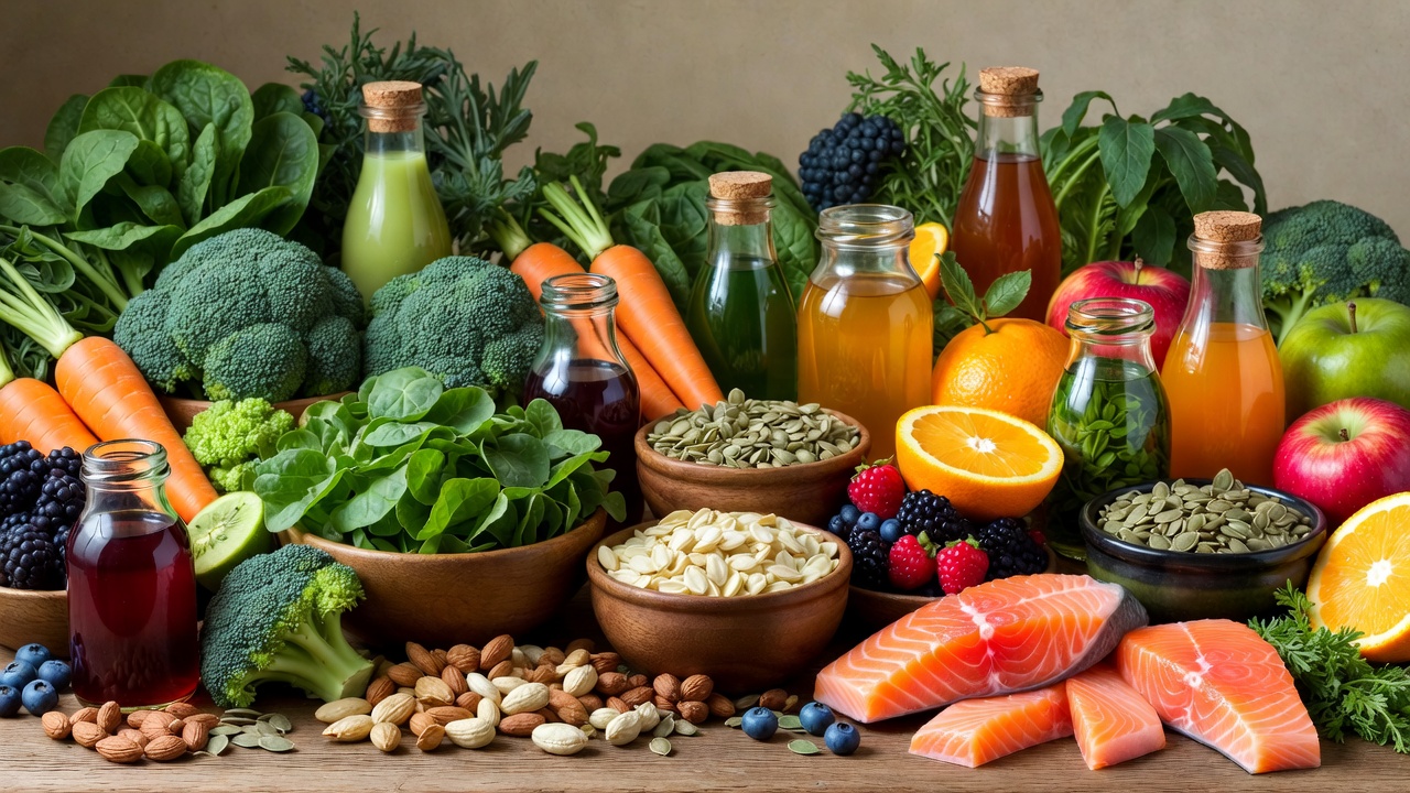 Array of essential nutrients foods vitamins minerals omega-3s and plant-derived supplements for 90 for life longevity