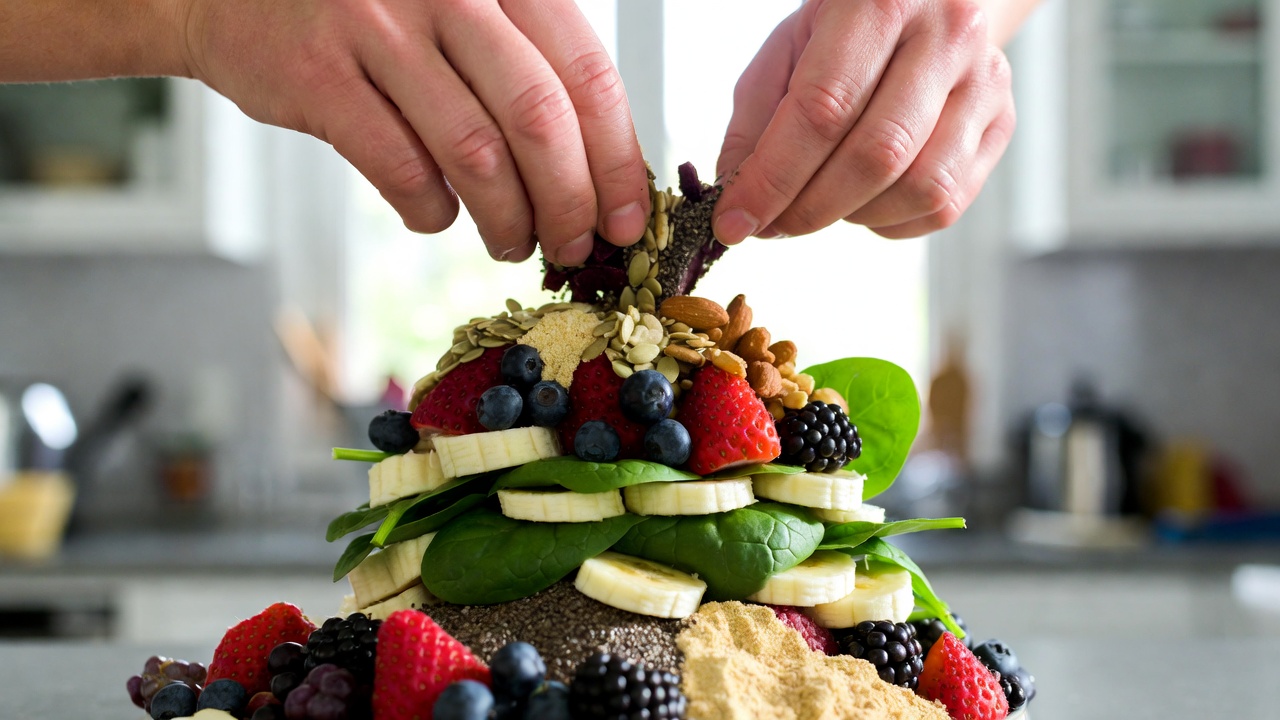Preparing nutrient-dense smoothie bowl with fruits vegetables nuts and seeds for daily 90 essential nutrients