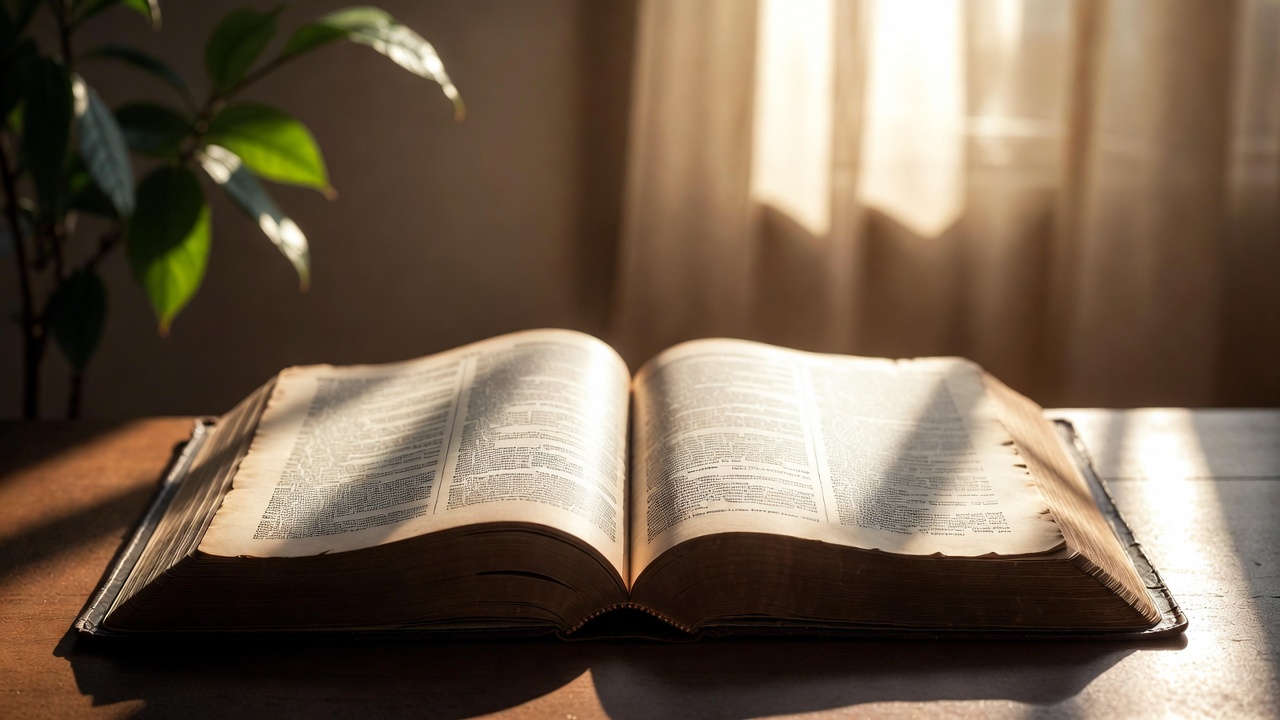 Open Bible in soft sunlight symbolizing comfort and faith at a funeral reading