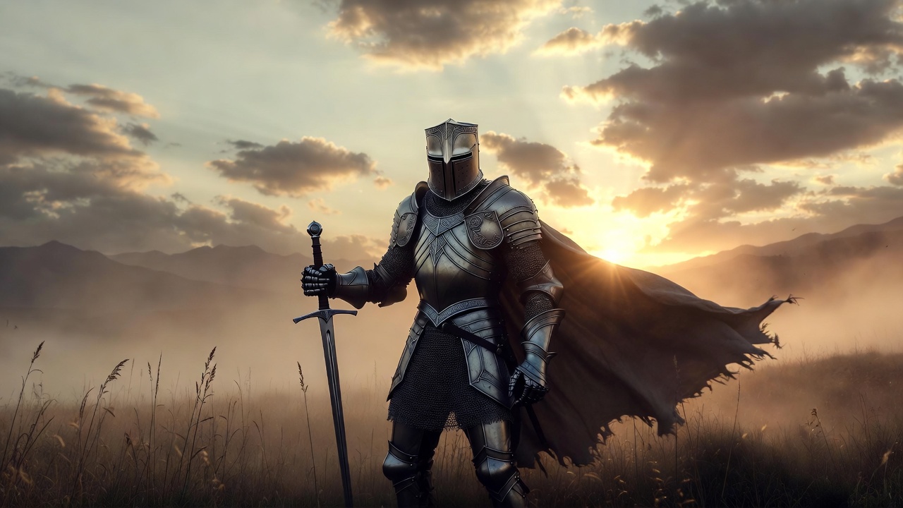 Triumphant knight at sunset evoking the heroic good fight in Shakespeare's Henry V