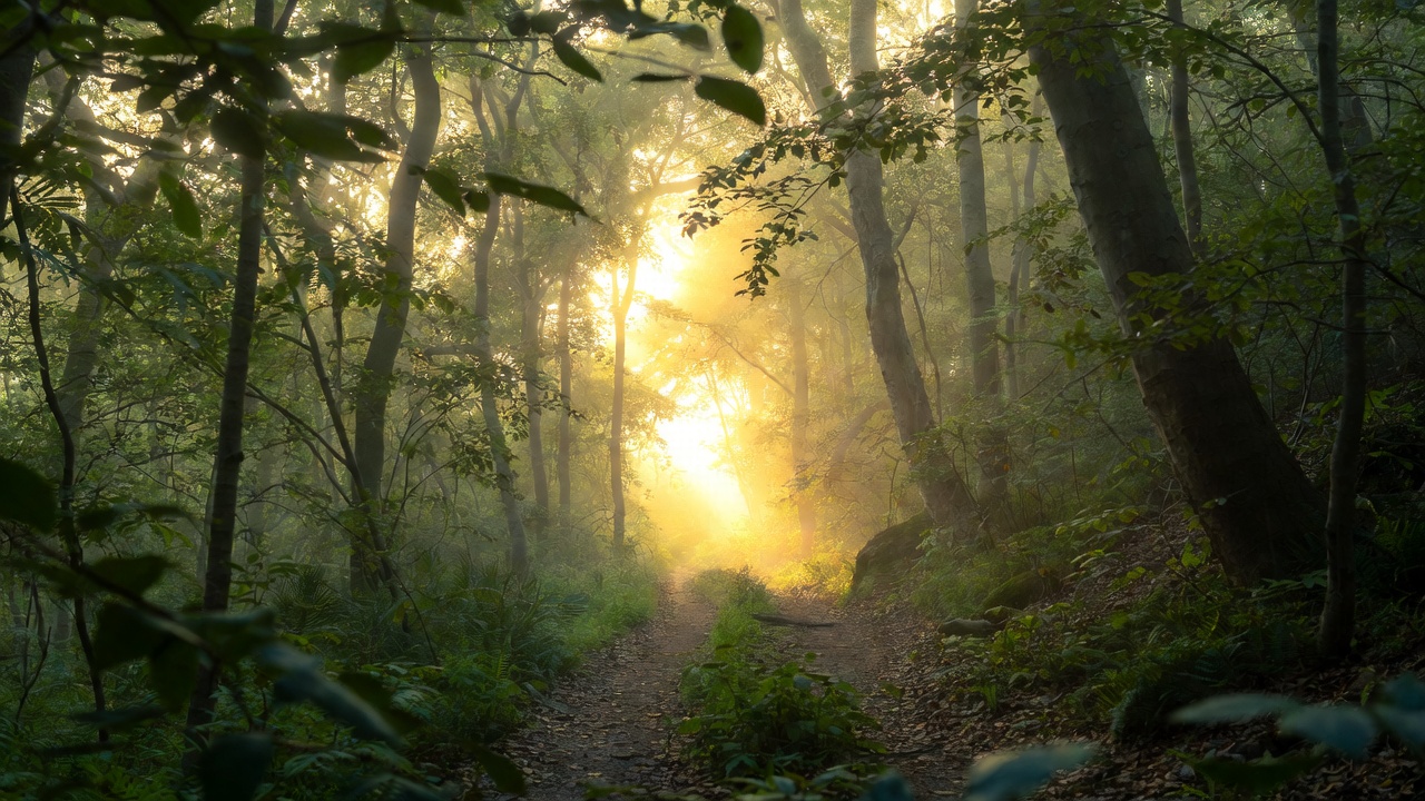 Peaceful forest path leading to light representing finishing the race in life's journey