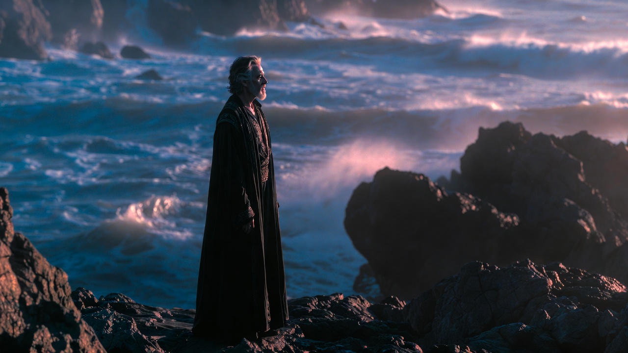 Serene shore at twilight symbolizing farewell and peaceful legacy in Shakespeare's The Tempest