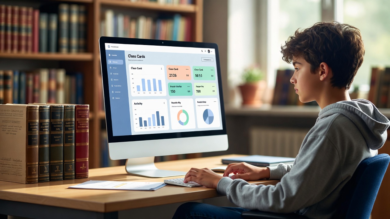 Student viewing Quill.org dashboard with multiple classes on computer in classroom setting