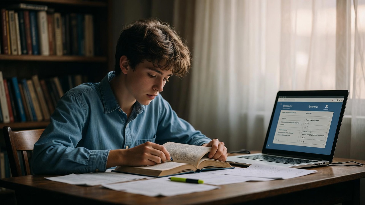 High school student studying Shakespeare play while practicing grammar on laptop with Quill.org