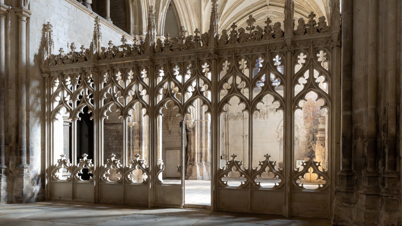 Elevated chantry chapel of Henry V tomb at Westminster Abbey, showing intricate Gothic stone screens and ambulatory view