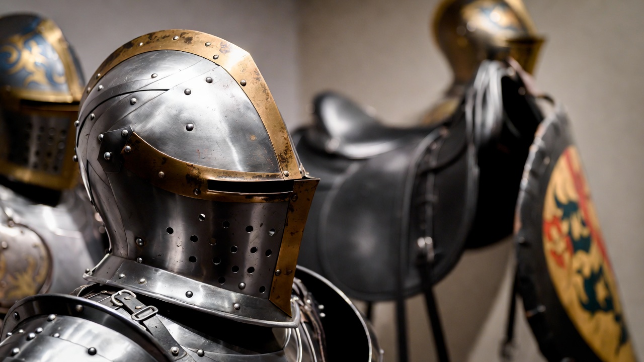 Surviving funeral armour and helm of Henry V displayed at Westminster Abbey, close view of 15th-century royal achievements