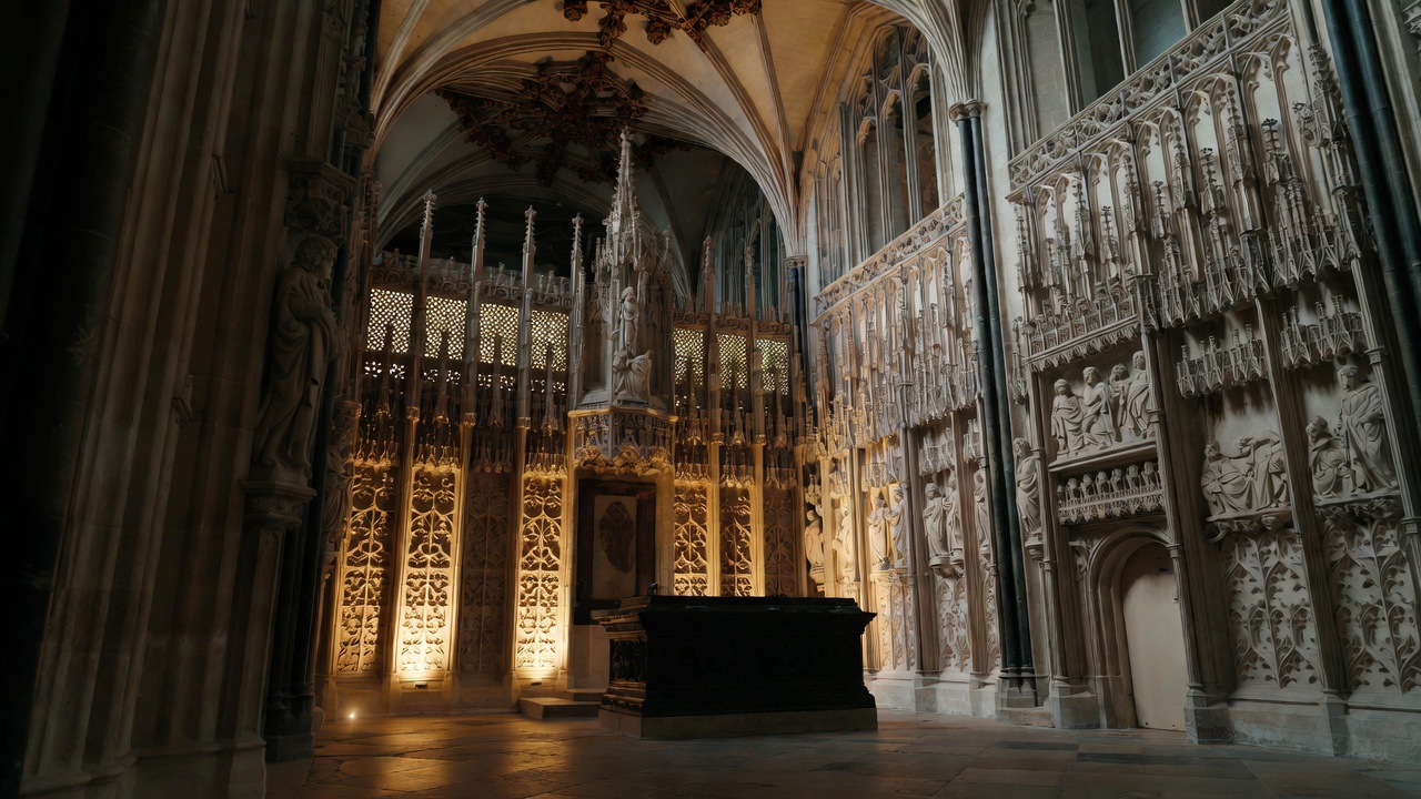 Henry V chantry chapel and tomb in Westminster Abbey, evoking the connection between the medieval monument and Shakespeare's heroic king portrayal