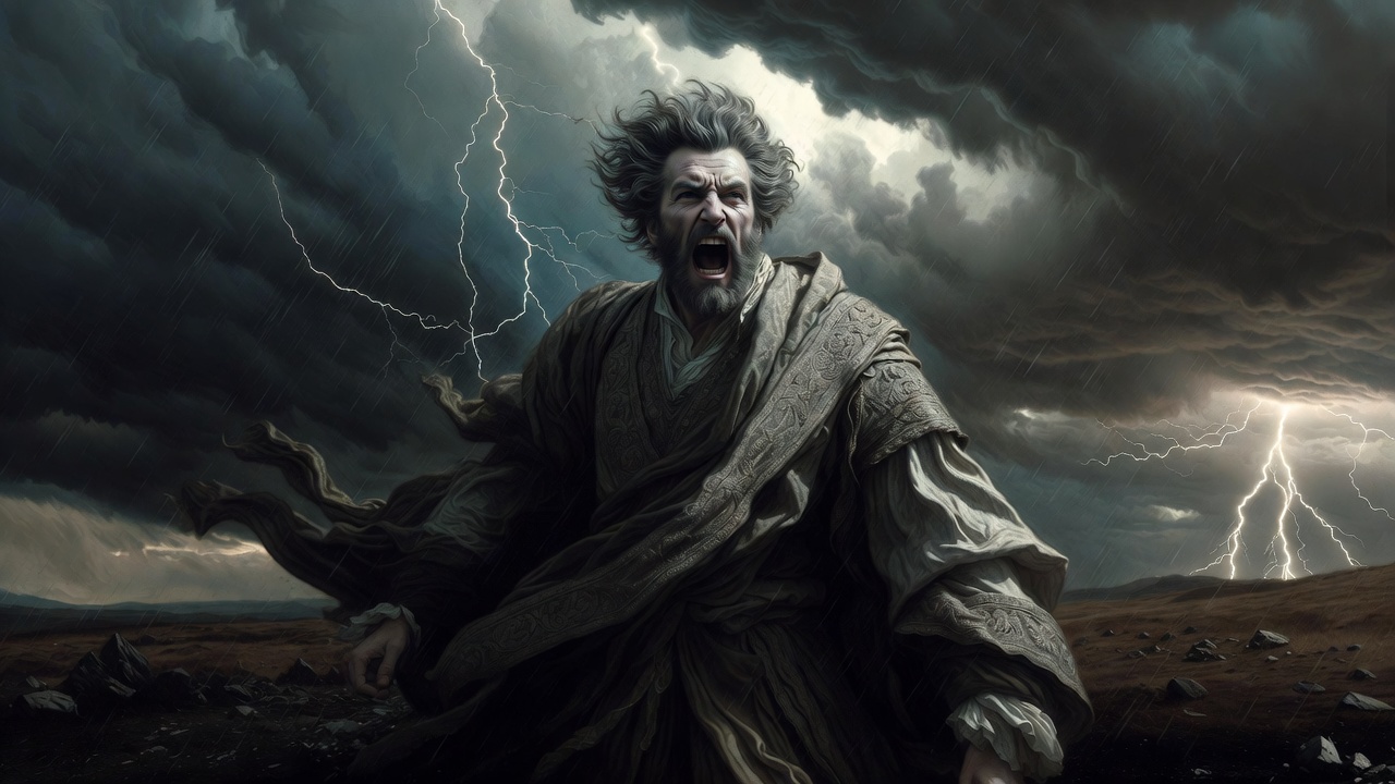King Lear in tragic storm embodying hubris and downfall in Shakespeare