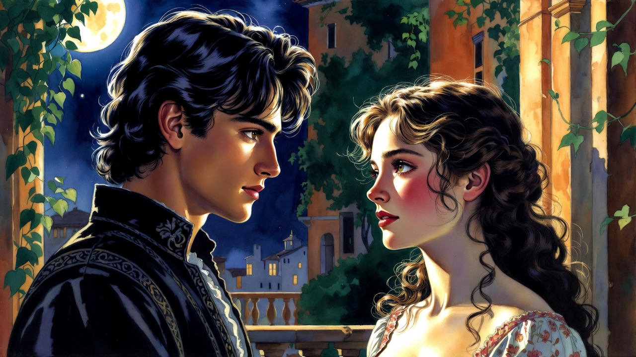 Balcony scene from Gareth Hinds Romeo and Juliet graphic novel adaptation in watercolor style