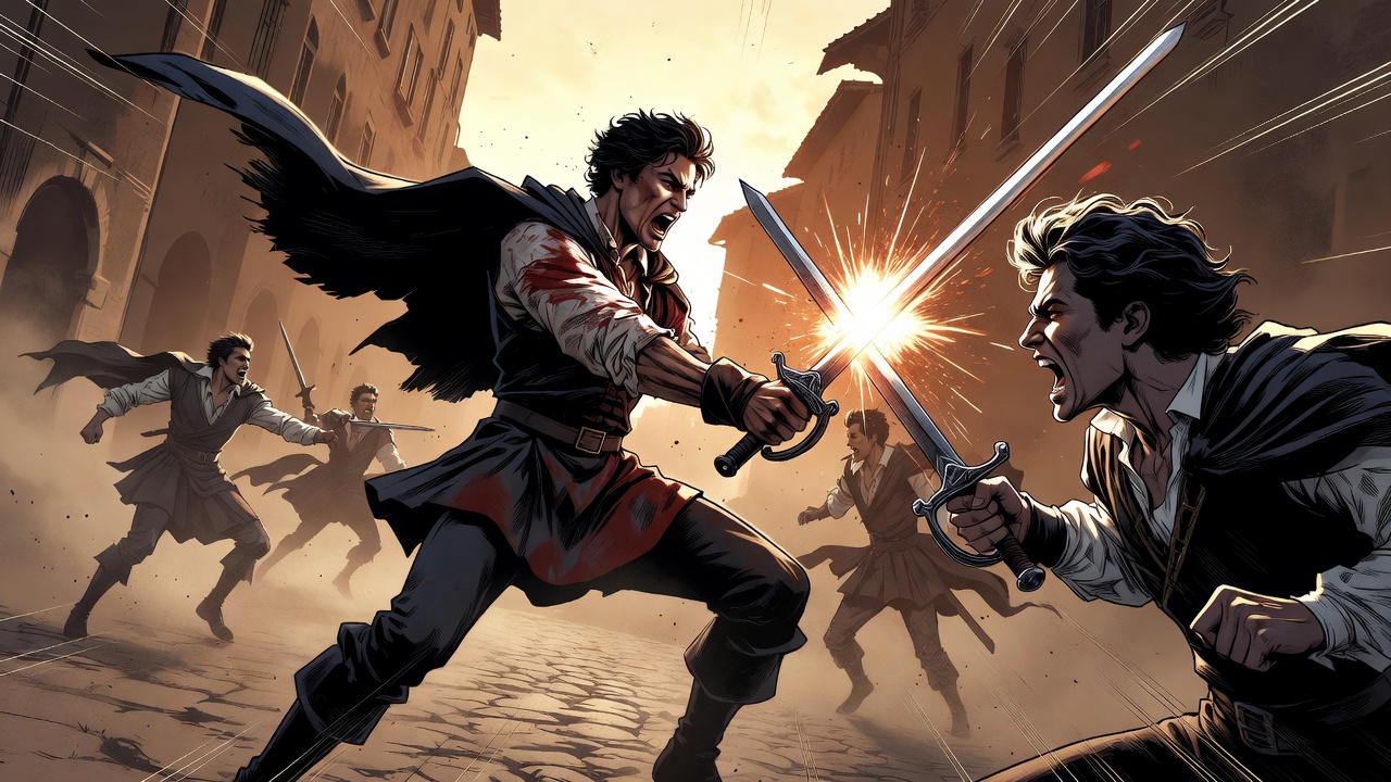 Dramatic fight scene illustration from Gareth Hinds Romeo and Juliet graphic novel