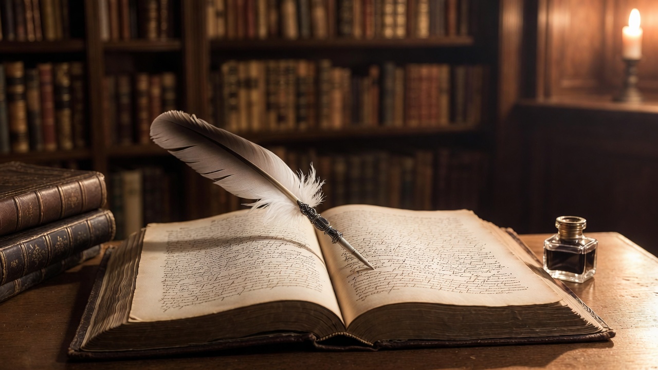 Open antique book with Shakespeare-era pages and quill in candlelit library, evoking classic literary mastery
