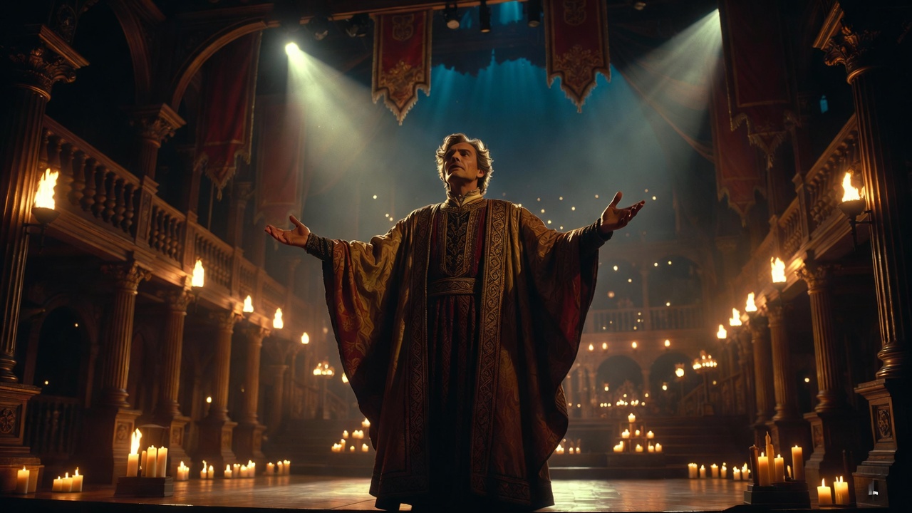 Chorus performing on grand Elizabethan stage in Henry V, dramatic historical theater setting