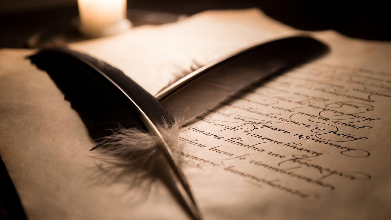 Aged parchment and quill evoking Shakespeare’s concise prologue manuscripts, vintage literary close-up