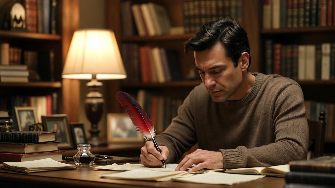 Writer revising manuscript at desk inspired by Shakespeare, cozy vintage study with warm lighting