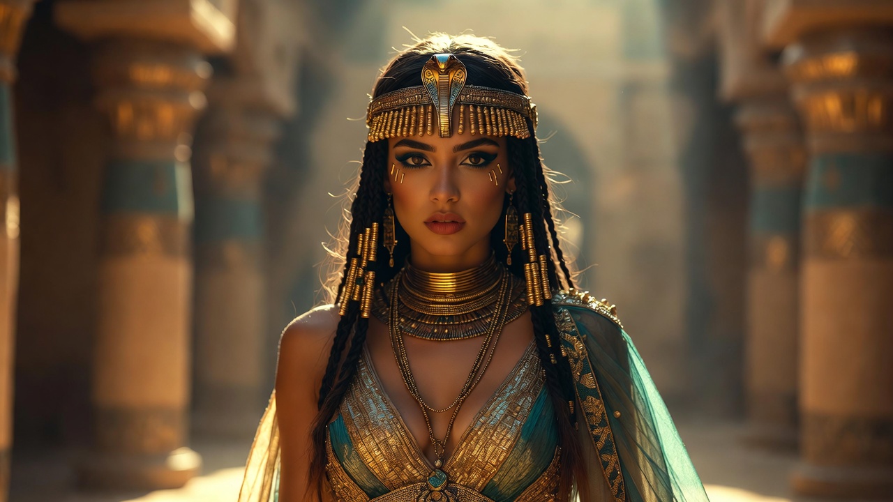 Regal Cleopatra costume in gold and teal gown with asp headdress and dramatic makeup, inspired by Shakespeare's Antony and Cleopatra