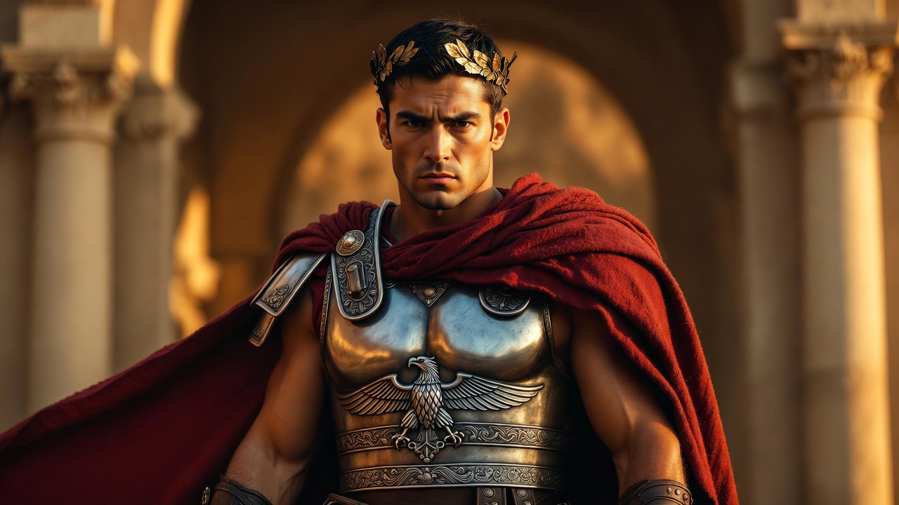 Marc Antony Roman warrior costume with red cape, laurel wreath, and detailed armor, perfect for Shakespearean couple looks