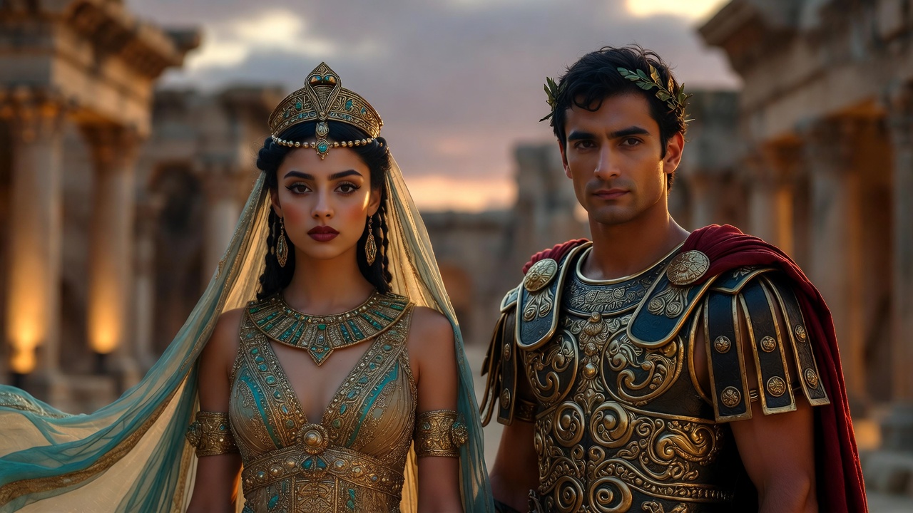 Coordinated Marc Antony and Cleopatra couple costumes showing Roman and Egyptian contrast with matching gold tones