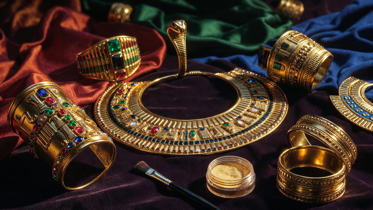 Cleopatra costume accessories including gold collar, asp headpiece, arm cuffs, and dramatic makeup essentials