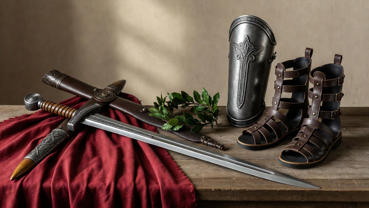 Marc Antony costume accessories with Roman sword, laurel wreath, arm bracers, and red cape details
