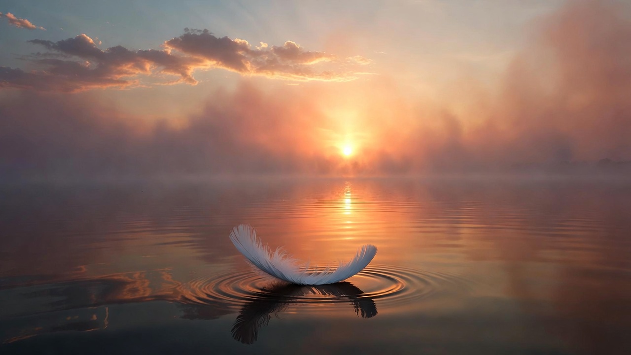 Serene sunset over calm lake with floating feather symbolizing soul set free and peaceful release in grief.