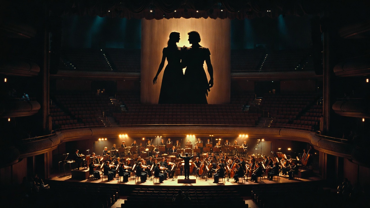 John Adams conducting the orchestra in Antony and Cleopatra opera with dramatic stage silhouettes