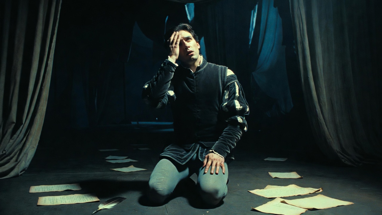 Shakespearean tragedy actor in anguished verse delivery on dimly lit stage