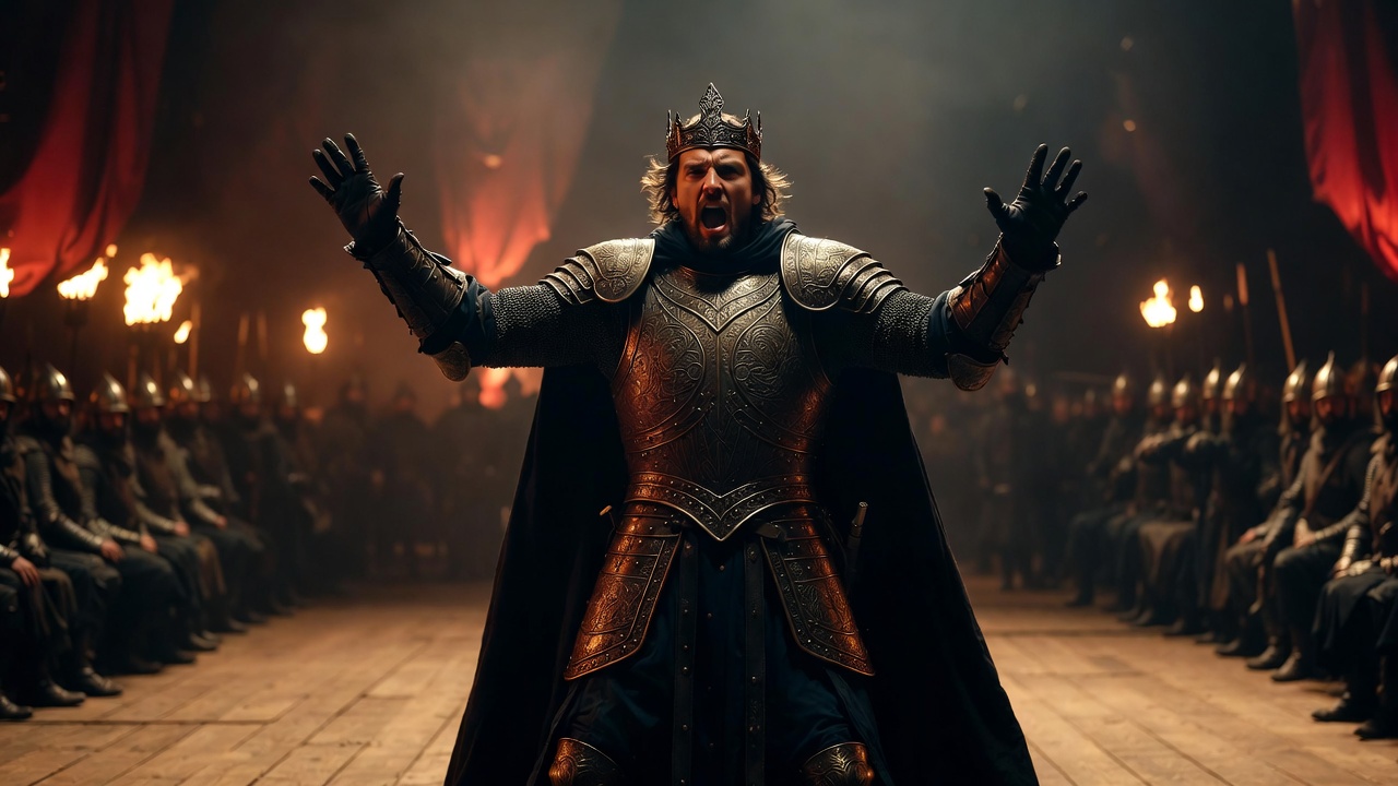 Henry V inspiring troops with heroic verse speech on historical stage