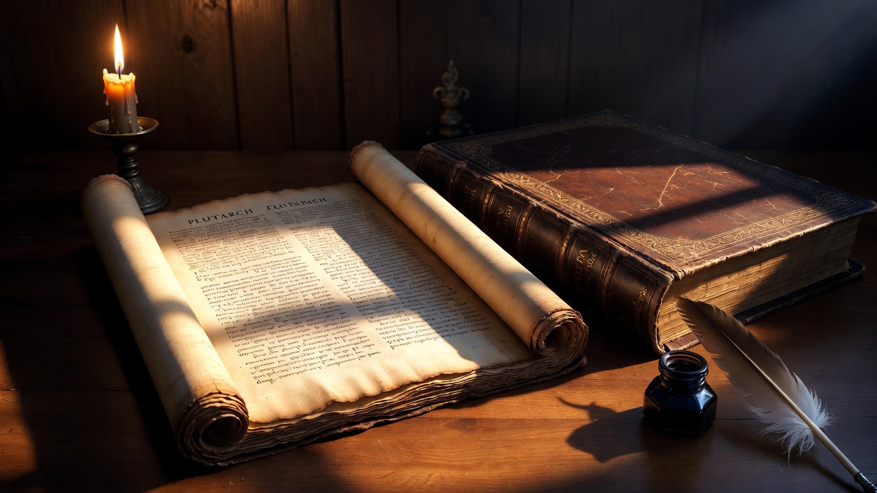 Ancient Plutarch scroll next to Shakespeare's First Folio edition illustrating source material for Antony and Cleopatra