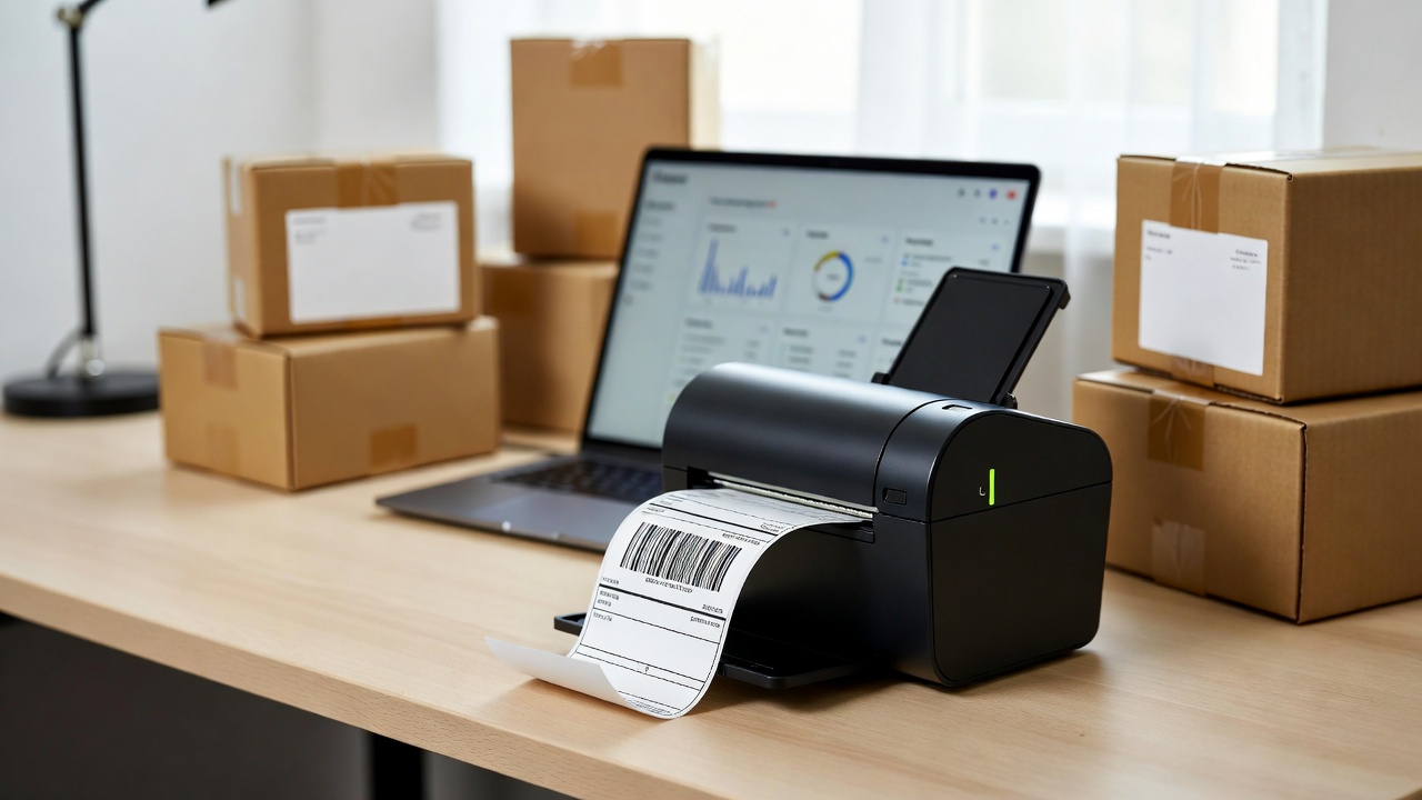Thermal label printer printing 4x6 shipping label from Pirate Ship software in home office setup