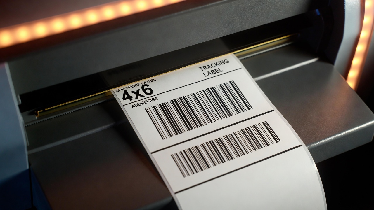 Close-up of 4x6 thermal shipping label being printed with clear barcode for Pirate Ship