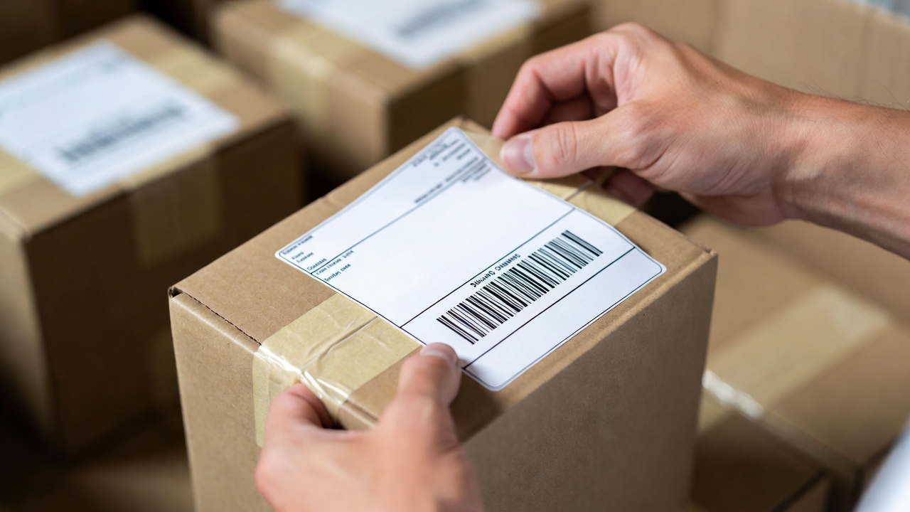 Applying printed Pirate Ship shipping label securely to cardboard box with tape