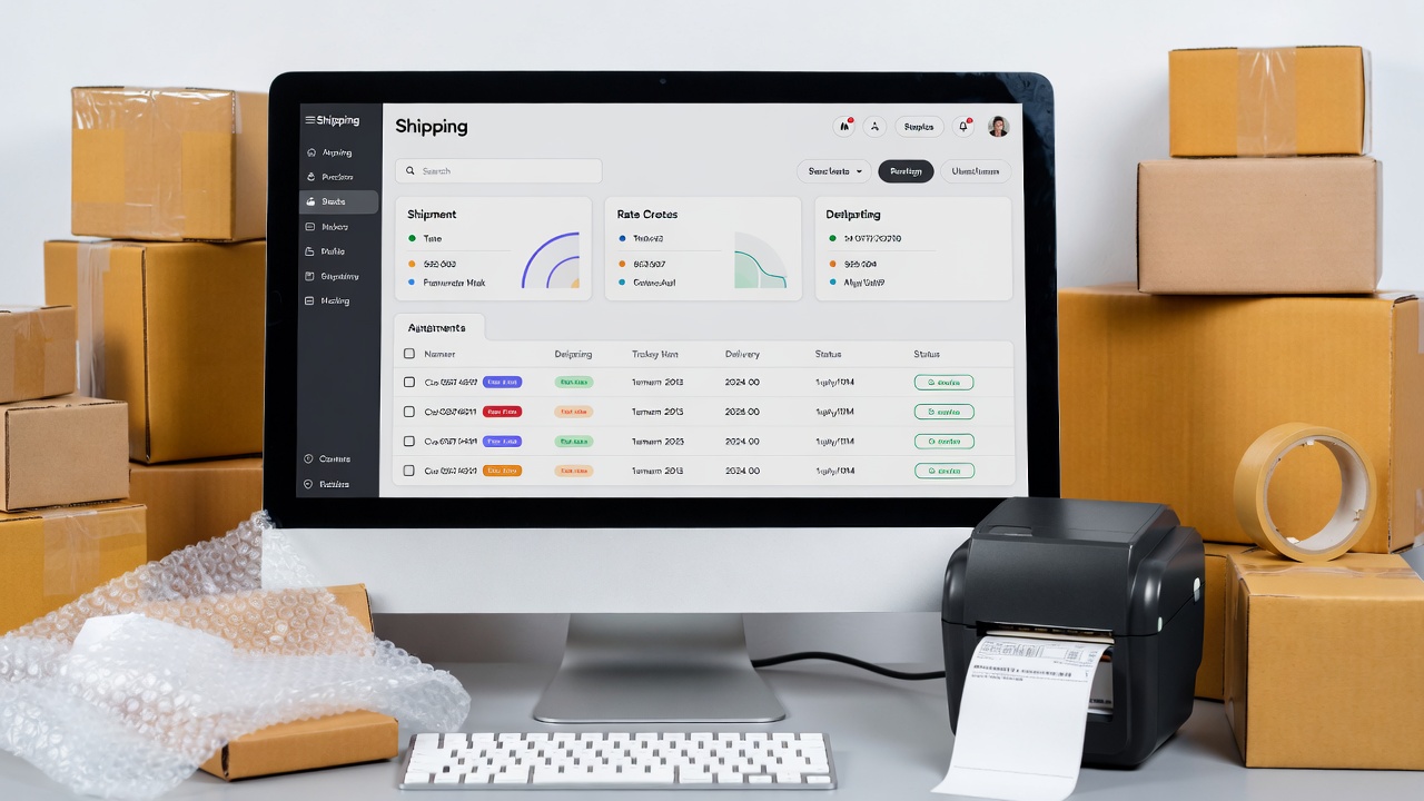 Pirate Ship dashboard on computer screen with connected thermal printer and shipping boxes for easy label creation