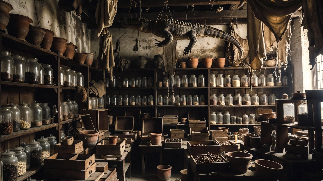 Renaissance apothecary shop interior with stuffed alligator, empty boxes, and dusty jars as described in Romeo and Juliet Act 5