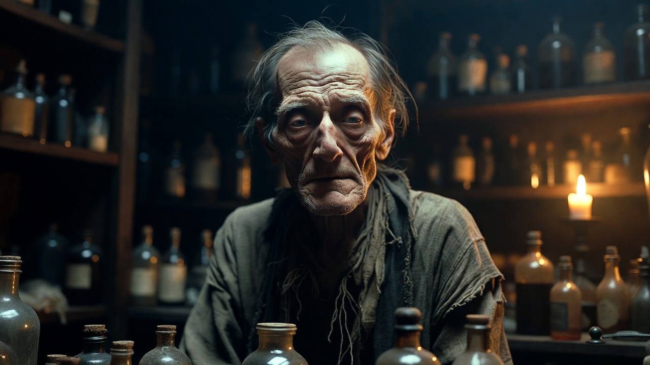 Gaunt and impoverished Apothecary in Romeo and Juliet, worn to the bones by misery as described by Romeo