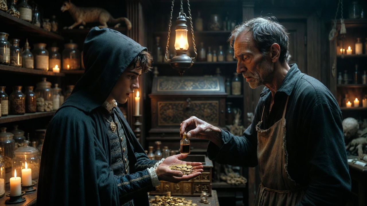 Romeo buying poison from the reluctant Apothecary in dimly lit shop, key scene from Romeo and Juliet Act 5