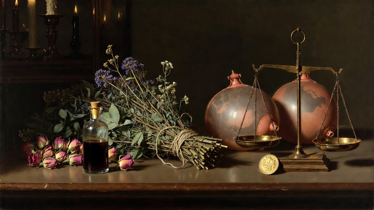 Symbolic poison vial and herbal remedies representing healing turned to death in Romeo and Juliet Apothecary scene