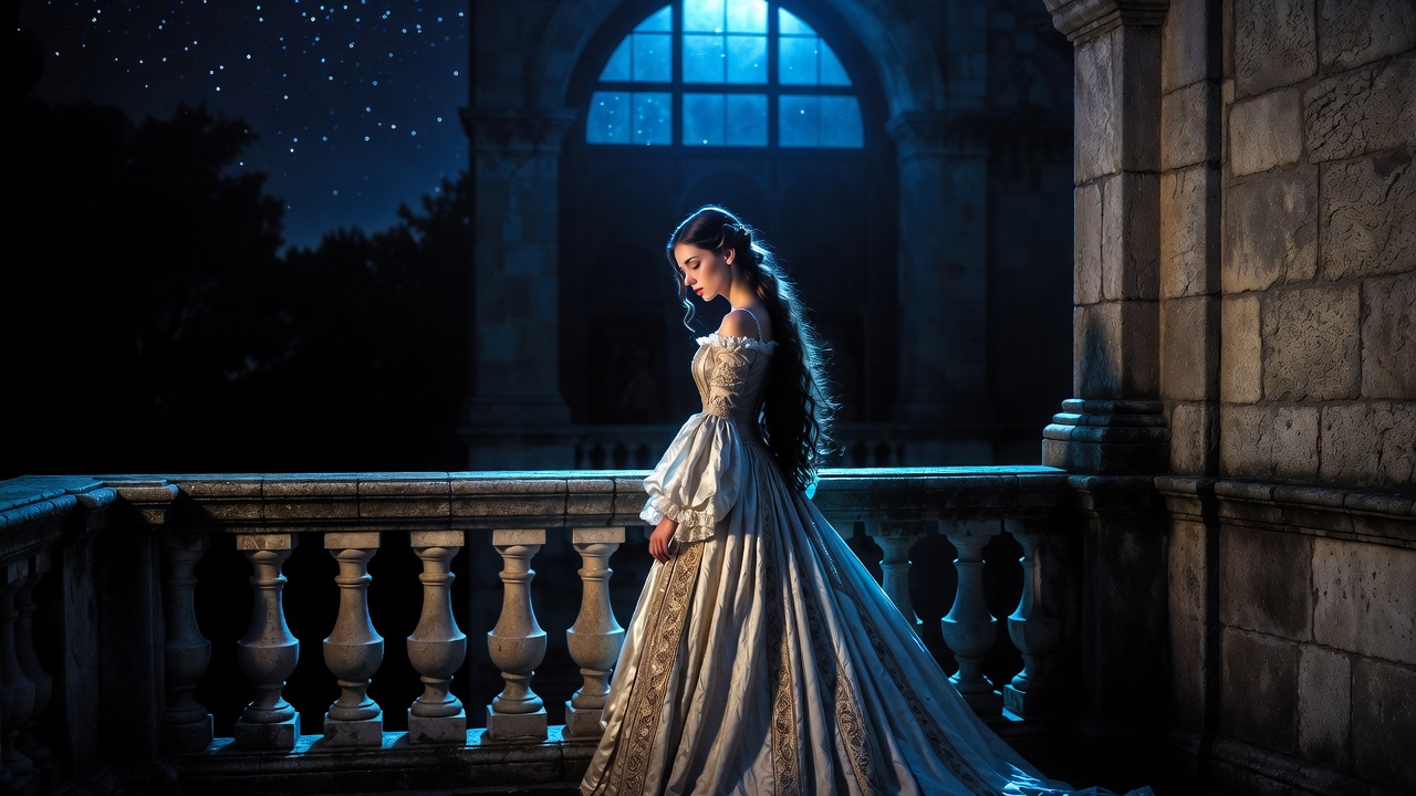 Moonlit balcony scene symbolizing Juliet's longing for eternal night in Romeo and Juliet