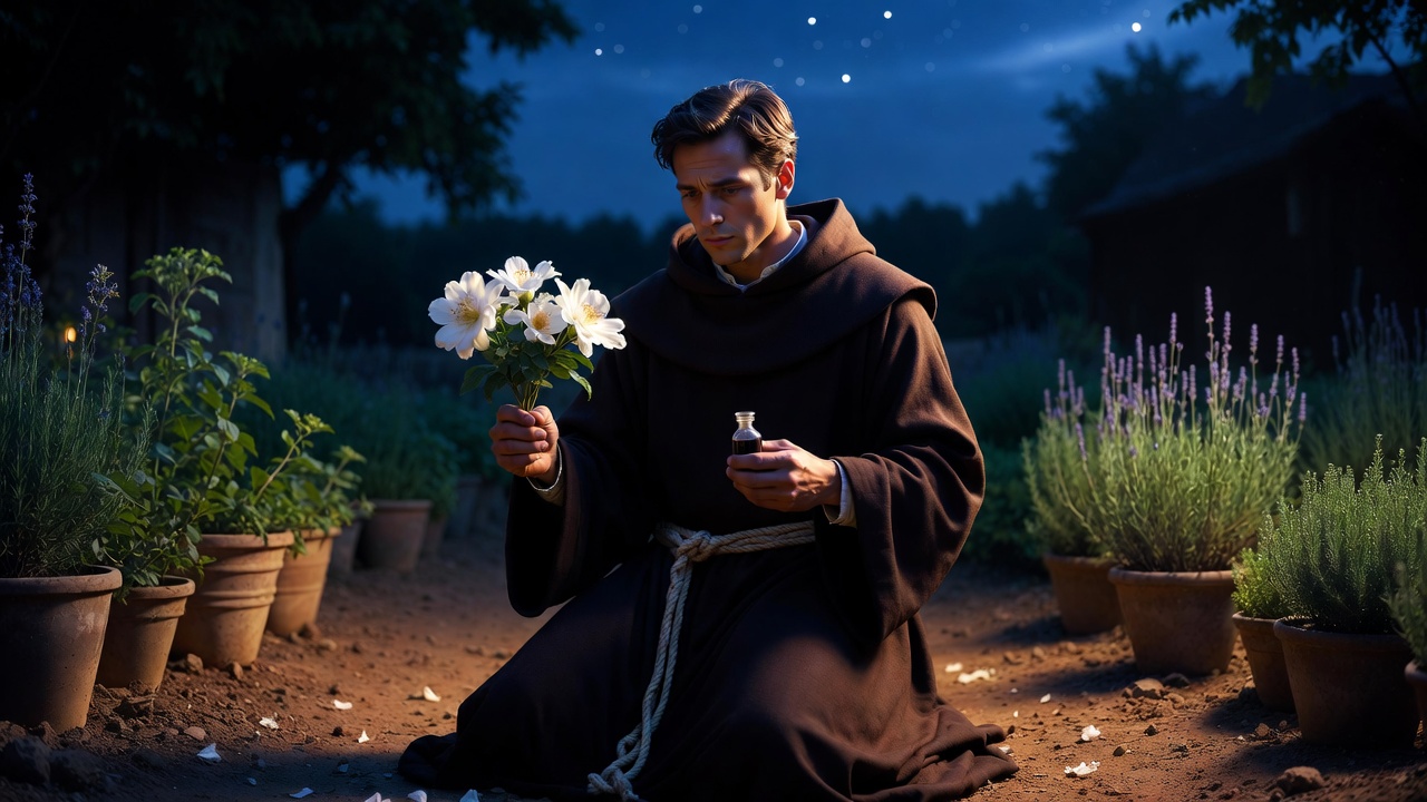 Friar Lawrence with herbs and poison vial representing nature's dual healing and destructive power in Romeo and Juliet
