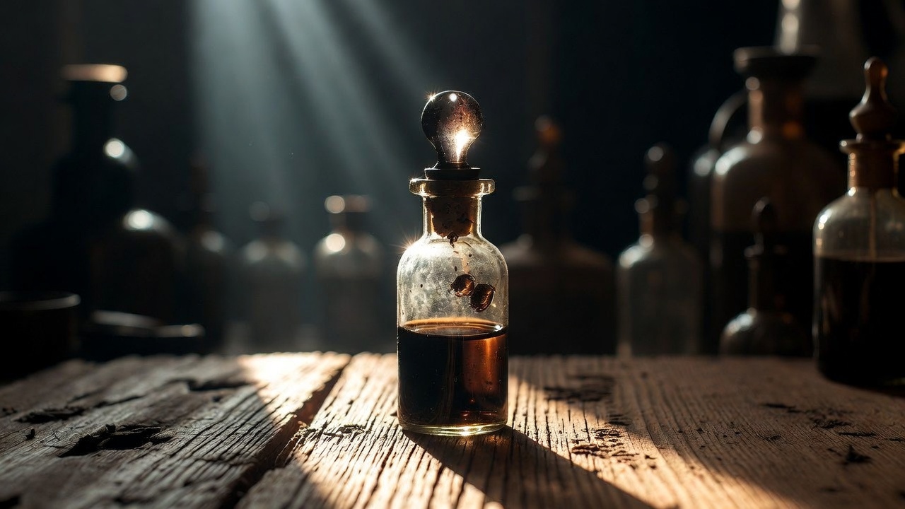 Poison vial symbolizing corruption and tragic fate in Shakespeare's Romeo and Juliet