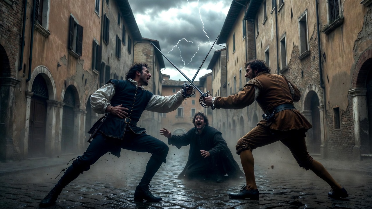 Dramatic sword fight in Verona street – Mercutio stabbed by Tybalt while Romeo intervenes, Act 3 Scene 1 of Romeo and Juliet