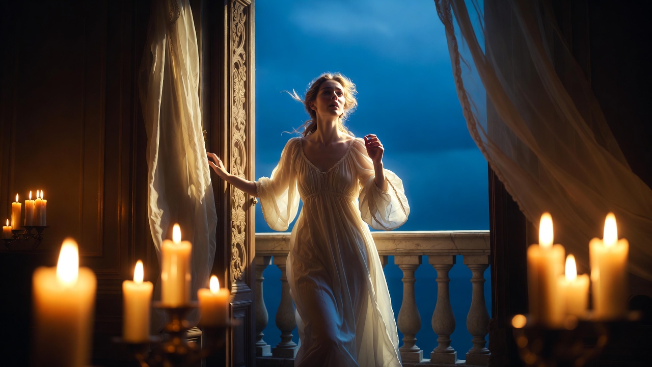 Juliet at her chamber window eagerly awaiting Romeo, passionate soliloquy in Act 3 Scene 2 of Romeo and Juliet
