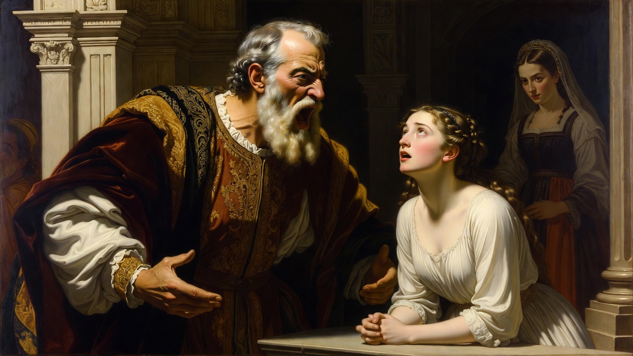 Lord Capulet raging at Juliet after she refuses to marry Paris, family betrayal in Act 3 Scene 5 of Romeo and Juliet